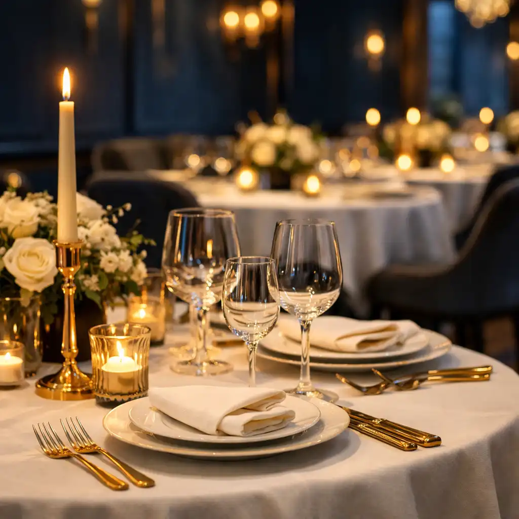 Elegánsan megterített asztalok kristálypoharakkal és gyertyafénnyel