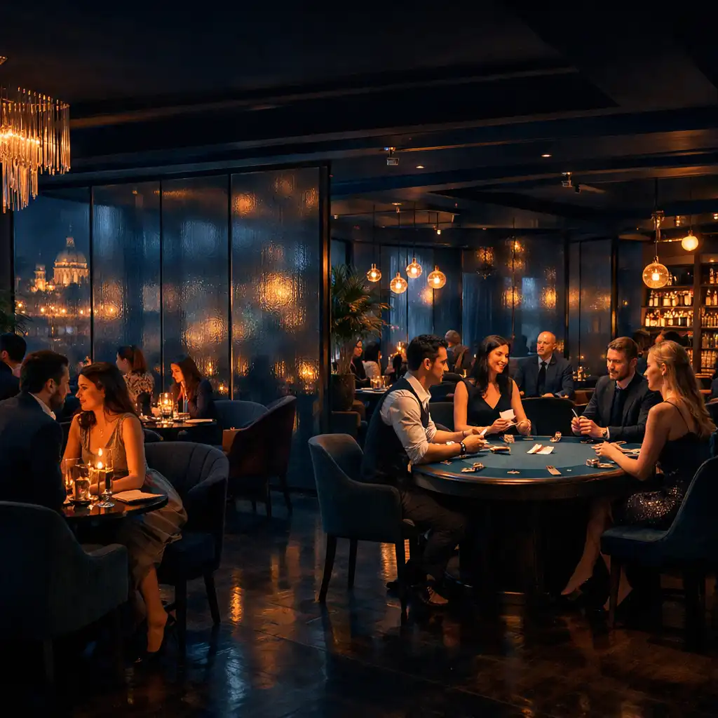 Elegáns, félhomályos éttermi tér a Top Club Romania exkluzív rendezvényén
