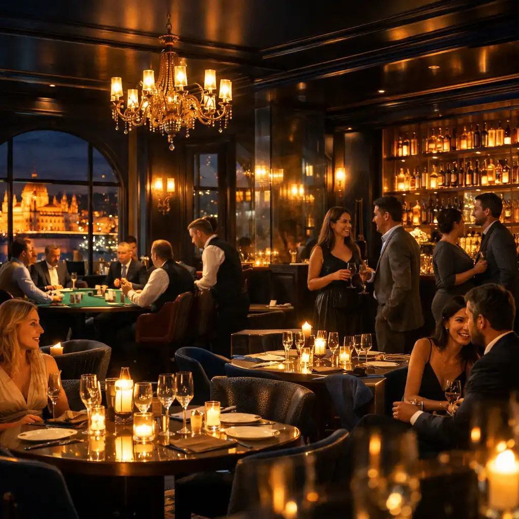 Elegáns, sötétkék-arany enteriőrrel rendelkező Top Club Romania étterem és lounge tér