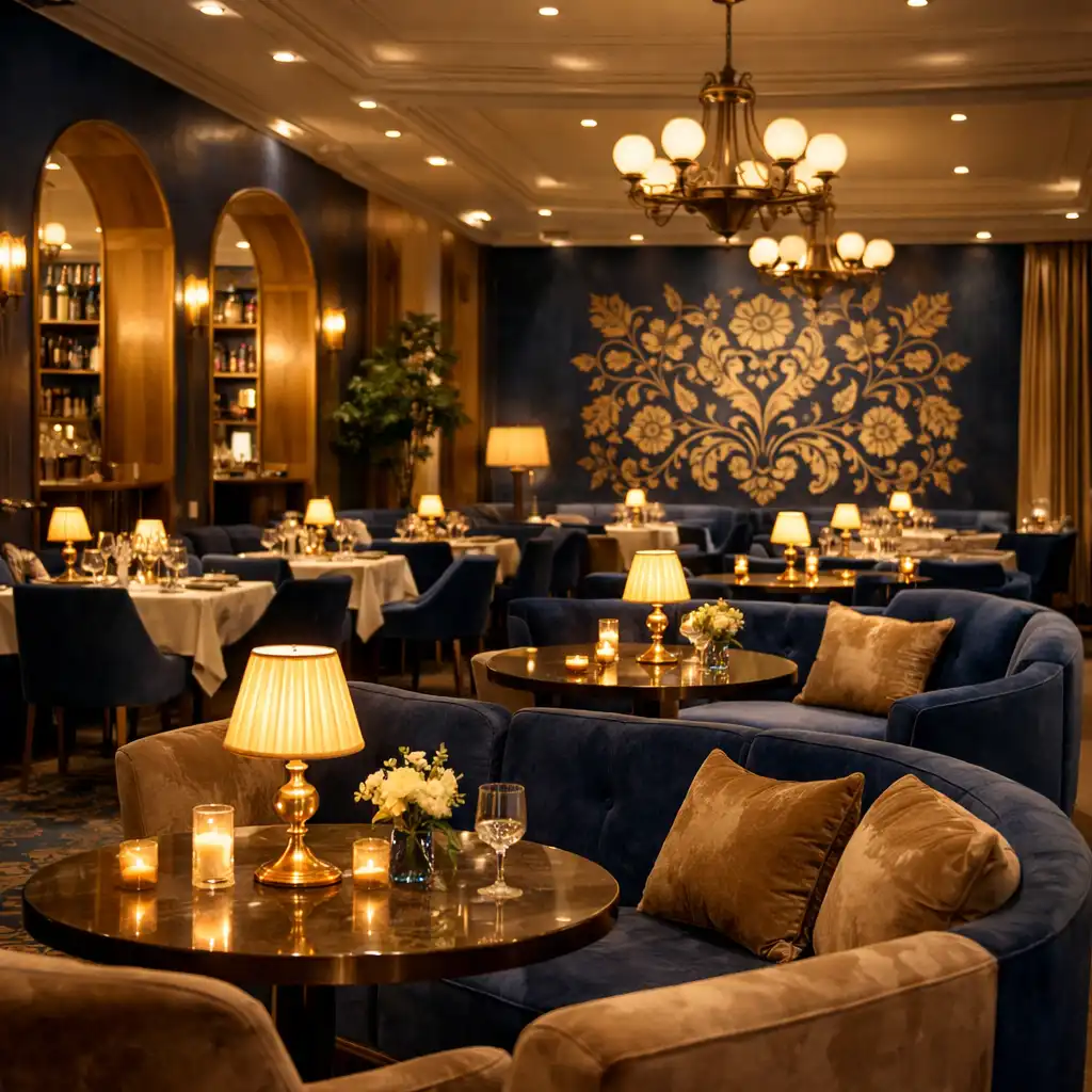 Top Club Romania elegáns, sötétkék és arany színekben megkomponált belső tere, lounge és privát asztalokkal